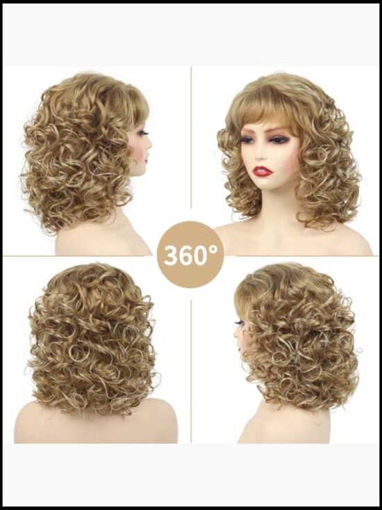 Short Blonde Curly Wig with Bangs Shoulder Length Shaggy Synthetic Full Wig main image 5